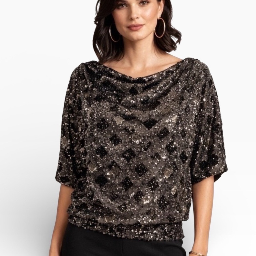 Saints &‎ Hearts Black Sequin Cowl Neck Dolman Top Geometric Diamond Pattern NWT